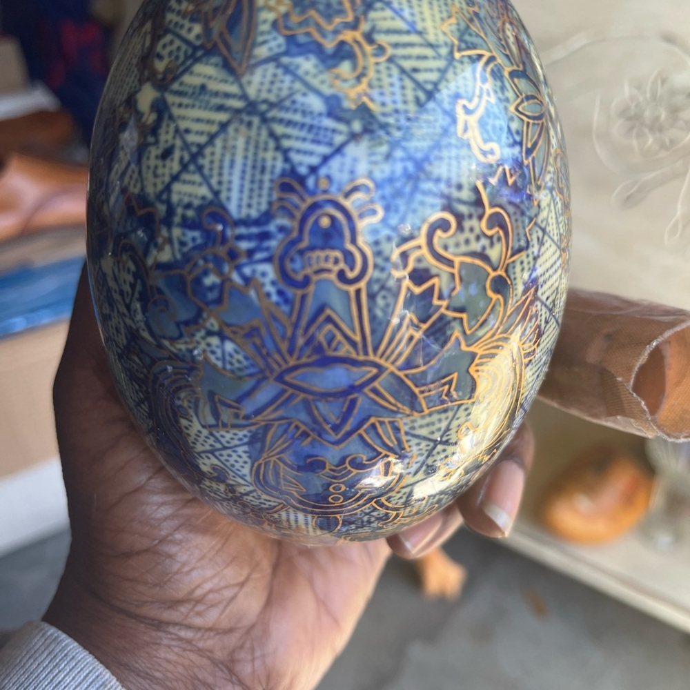 Hand-Painted Blue and Gold Decorative Ceramic Egg